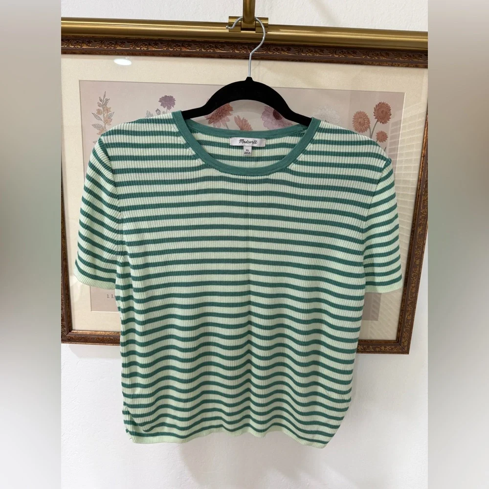 EUC Madewell Green Striped Ribbed T-Shirt - Picture 1 of 4